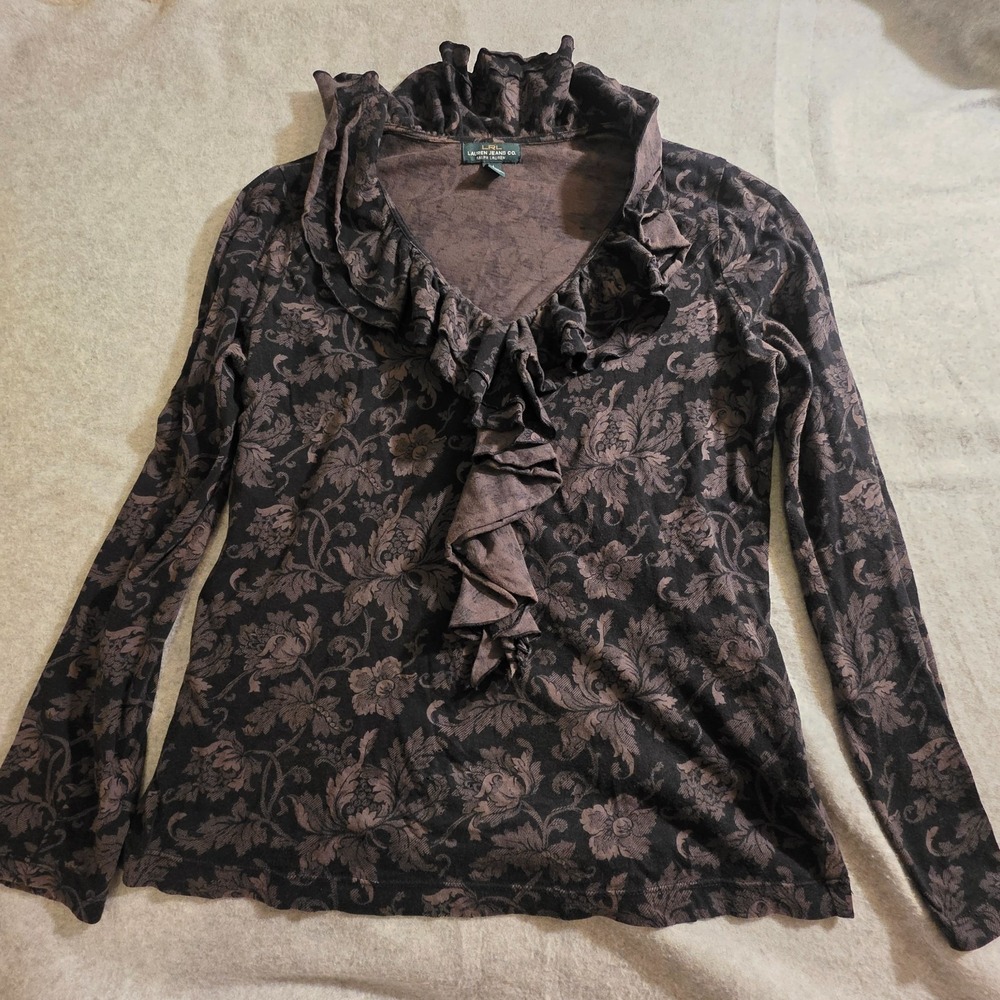 LRL Lauren Jeans Co Top Women's Medium Black Floral Ruffle Front Dark Whimsigoth